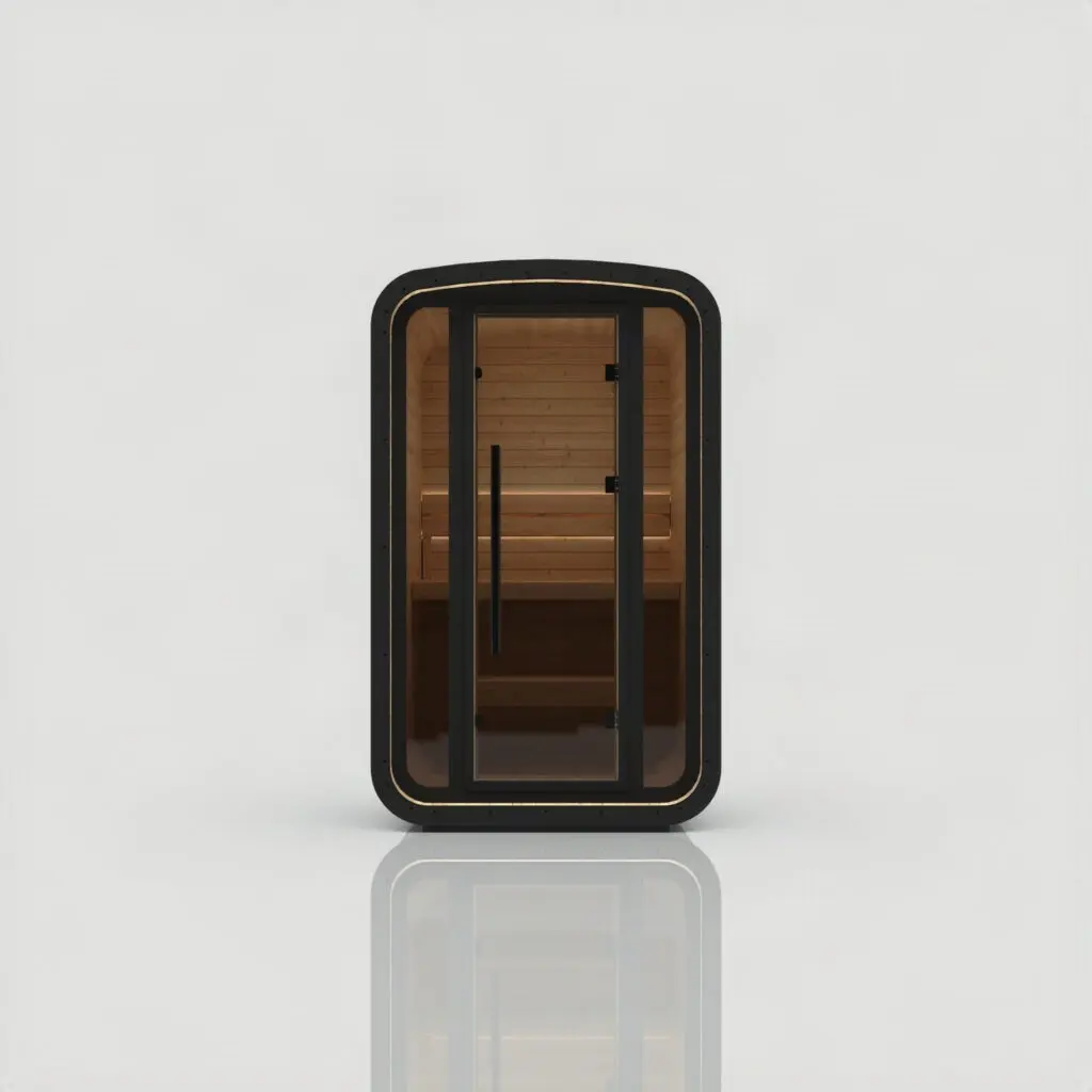 Hekla Mini Cube Nero outdoor sauna, front view with black frame, glass door and pale thermo aspen bench