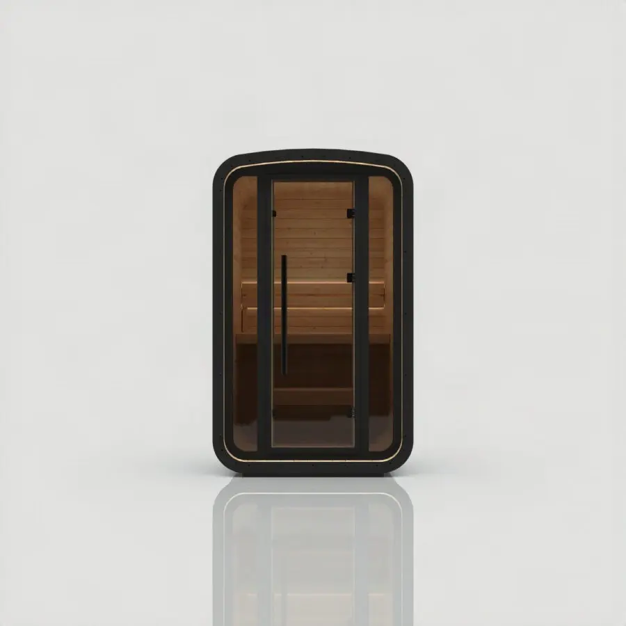 Hekla Mini Cube Nero outdoor sauna, front view with black frame, glass door and pale thermo aspen bench