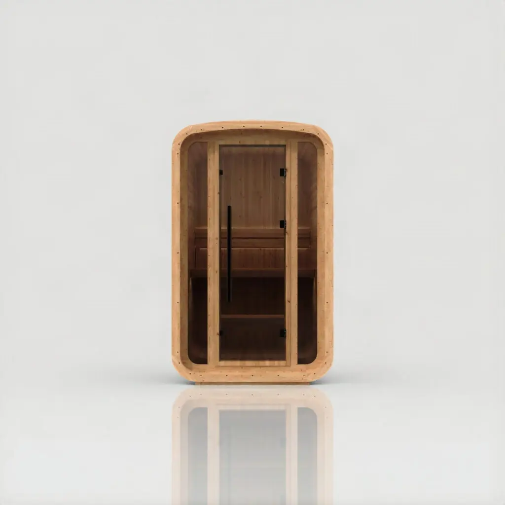 Hekla Mini Cube outdoor sauna, front view with glass door and double-layer thermo aspen bench