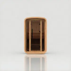 Hekla Mini Cube outdoor sauna, front view with glass door and double-layer thermo aspen bench