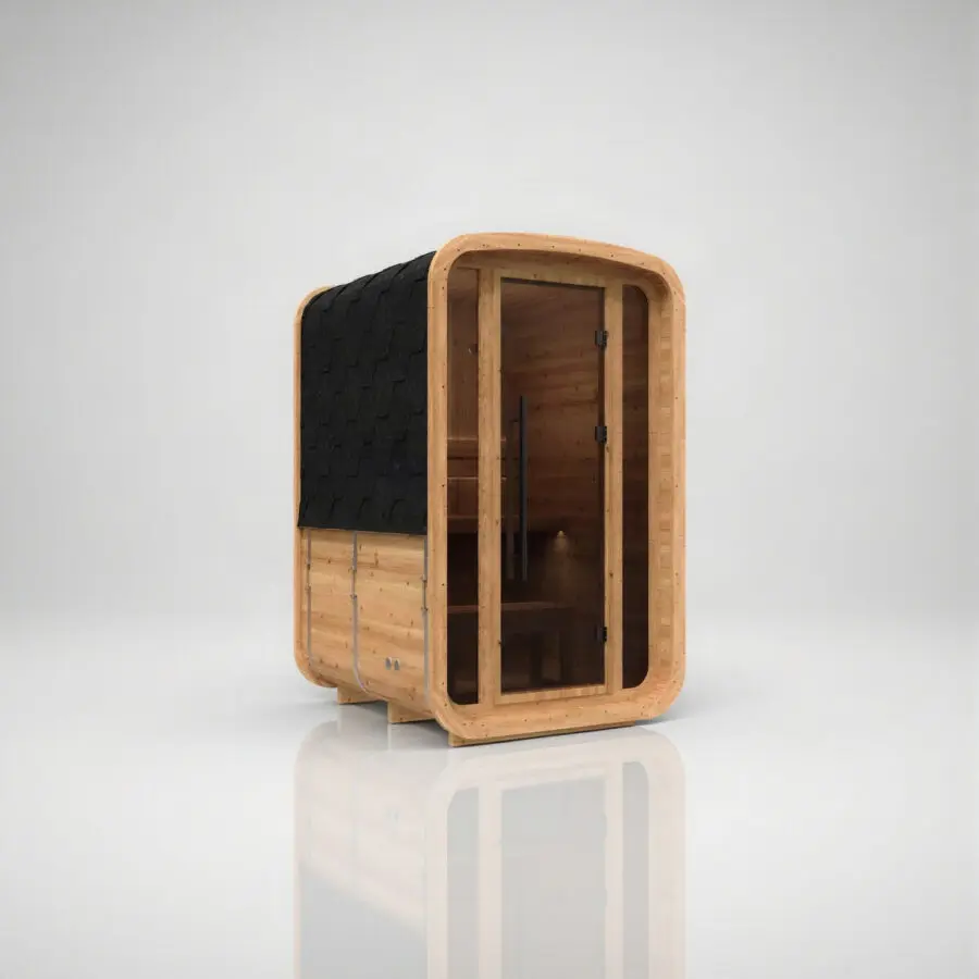 Hekla Mini Cube outdoor sauna, front-left three-quarter view with shingle roof and timber cladding