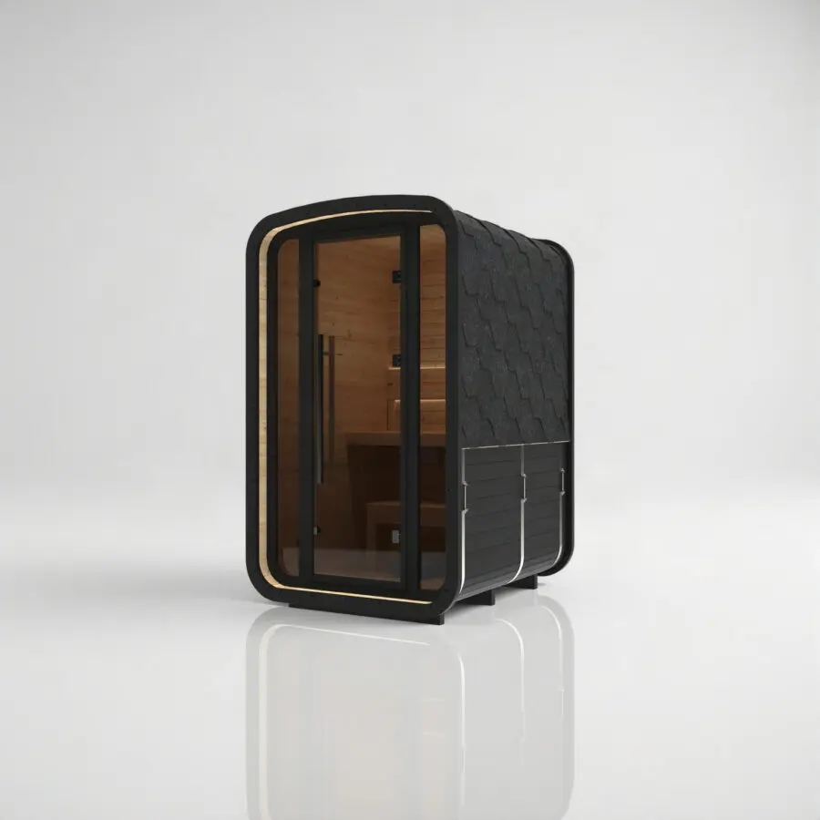Hekla Mini Cube Nero outdoor sauna, front-right three-quarter view in black-stained thermo spruce with black shingle roof