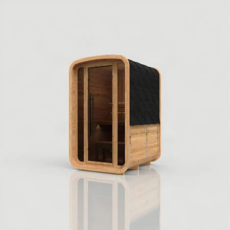 Hekla Mini Cube outdoor sauna, front-right three-quarter view with shingle roof and timber cladding
