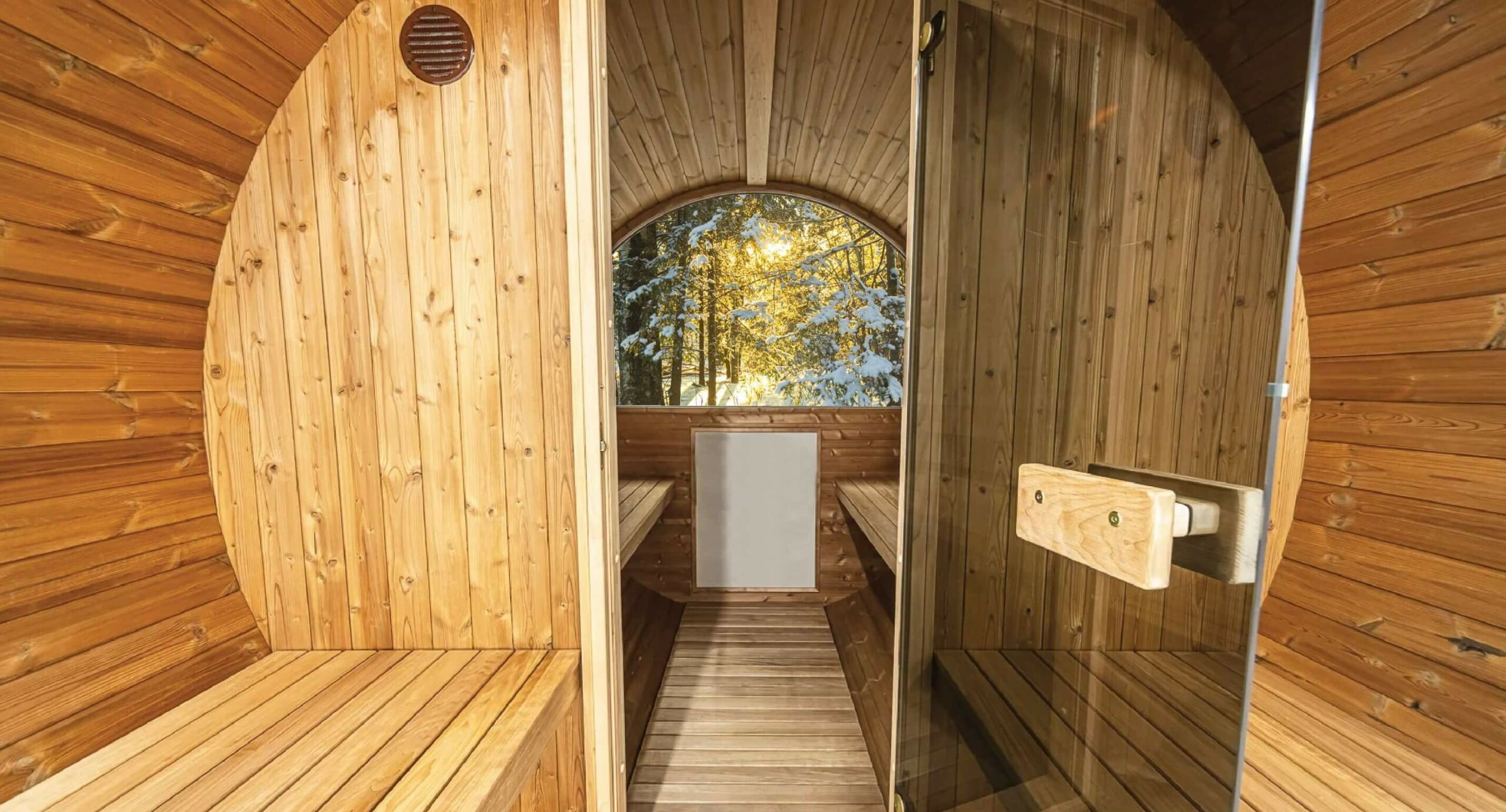 inside of Hekla wooden barrel sauna