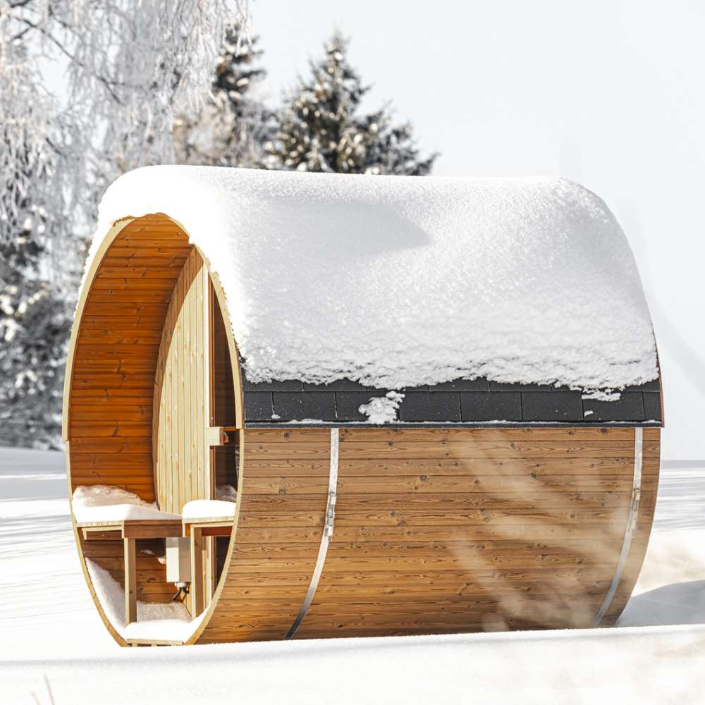 barrel sauna in snow